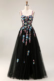 Black A Line Appliqued Spaghetti Straps Prom Dress