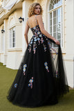 Black A Line Appliqued Spaghetti Straps Prom Dress