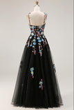Black A Line Appliqued Spaghetti Straps Prom Dress