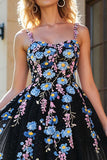 Black Appliqued A Line Spaghetti Straps Tulle Prom Dress