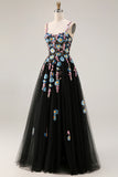 Black A Line Appliqued Spaghetti Straps Prom Dress
