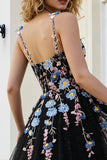 Black Appliqued A Line Spaghetti Straps Tulle Prom Dress