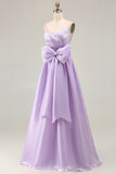 Spaghetti Straps Lilac Bowed A Line Prom Dress