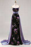 Black Floral Strapless Corset Embroidered Prom Dress