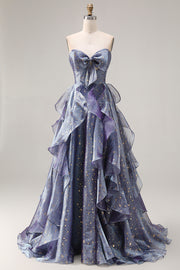 Sweetheart Ruffle Dusty Blue A Line Long Prom Dress with Bow