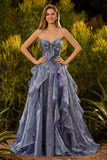 Sweetheart Ruffle Dusty Blue A Line Long Prom Dress with Bow