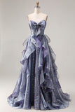 Sweetheart Ruffle Dusty Blue A Line Long Prom Dress with Bow