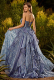 Sweetheart Ruffle Dusty Blue A Line Long Prom Dress with Bow