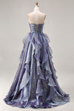 Sweetheart Ruffle Dusty Blue A Line Long Prom Dress with Bow
