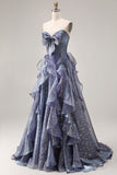 Sweetheart Ruffle Dusty Blue A Line Long Prom Dress with Bow