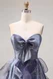 Sweetheart Ruffle Dusty Blue A Line Long Prom Dress with Bow