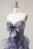 Sweetheart Ruffle Dusty Blue A Line Long Prom Dress with Bow