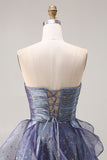 Sweetheart Ruffle Dusty Blue A Line Long Prom Dress with Bow
