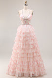 Floral Candy Pink Pearl Halter Corset Tiered A Line Long Prom Dress With Ruffles
