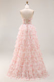 Floral Candy Pink Pearl Halter Corset Tiered A Line Long Prom Dress With Ruffles