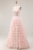 Floral Candy Pink Pearl Halter Corset Tiered A Line Long Prom Dress With Ruffles