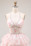 Floral Candy Pink Pearl Halter Corset Tiered A Line Long Prom Dress With Ruffles