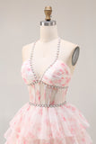 Floral Candy Pink Pearl Halter Corset Tiered A Line Long Prom Dress With Ruffles