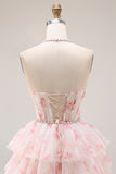 Floral Candy Pink Pearl Halter Corset Tiered A Line Long Prom Dress With Ruffles