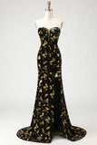 Black Golden Sequin Mermaid Strapless Prom Dress