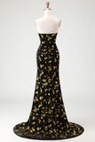 Black Golden Sequin Mermaid Strapless Prom Dress
