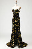 Black Golden Sequin Mermaid Strapless Prom Dress