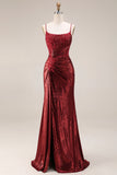 Dark Red Beaded Ruched Mermaid Corset Long Prom Dress with Slit