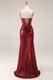Dark Red Beaded Ruched Mermaid Corset Long Prom Dress with Slit