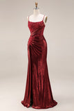 Dark Red Beaded Ruched Mermaid Corset Long Prom Dress with Slit