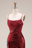 Dark Red Beaded Ruched Mermaid Corset Long Prom Dress with Slit