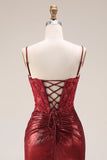 Dark Red Beaded Ruched Mermaid Corset Long Prom Dress with Slit