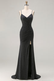 Black Ruched Spaghetti Straps Beaded Prom Dress