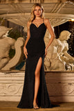Black Ruched Spaghetti Straps Beaded Prom Dress