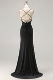 Black Ruched Spaghetti Straps Beaded Prom Dress