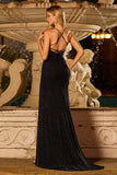 Black Ruched Spaghetti Straps Beaded Long Prom Dress With Slit