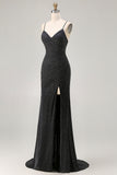 Black Ruched Spaghetti Straps Beaded Prom Dress