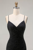 Black Ruched Spaghetti Straps Beaded Prom Dress