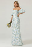 Blue White Floral Strapless Mermaid Plus Size Dress with Removable Puff Sleeves