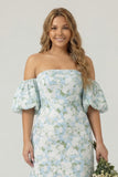 Blue White Floral Strapless Mermaid Plus Size Dress with Removable Puff Sleeves