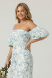 Blue White Floral Strapless Mermaid Plus Size Dress with Removable Puff Sleeves