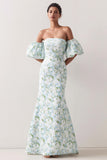 Strapless Blue White Floral Mermaid Prom Dress with Removable Sleeves