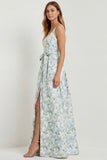 Blue White Floral A-Line Printed Satin Prom with Slit
