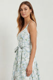 Blue White Floral A-Line Printed Satin Prom with Slit