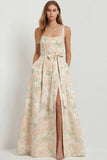 Blue White Floral A-Line Printed Satin Prom with Slit