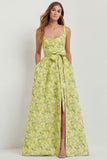 Blue White Floral A-Line Printed Satin Prom with Slit