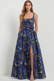Blue White Floral A-Line Printed Satin Prom with Slit