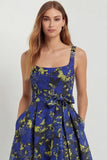 Blue White Floral A-Line Printed Satin Prom with Slit