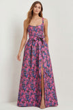 Blue White Floral A-Line Printed Satin Prom with Slit