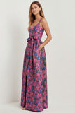 Blue White Floral A-Line Printed Satin Prom with Slit