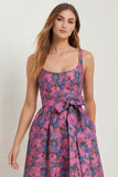 Blue White Floral A-Line Printed Satin Prom with Slit